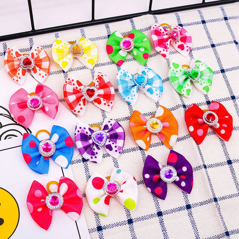 20PCS Dog Hair Bows with Diamond – Colorful Pet Grooming Accessories with Rubber Bands for Small Dogs & Puppies