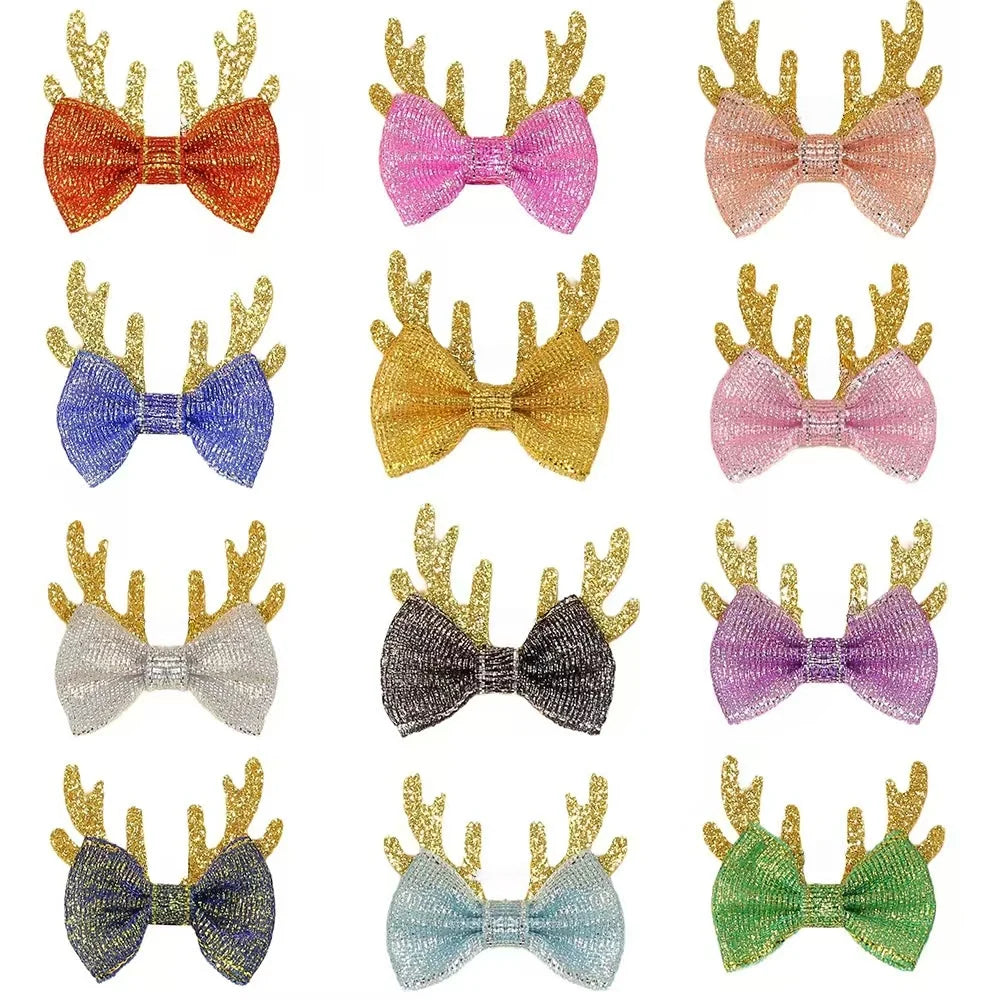 20/30/50-Pack Christmas Antler Dog Bows – Metal Clip Hairpins for Dogs & Cats