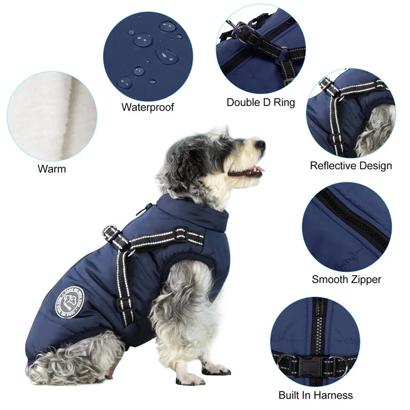 Winter Warm Dog Jacket – Waterproof Pet Coat with Harness, Fleece Vest for Small & Large Dogs