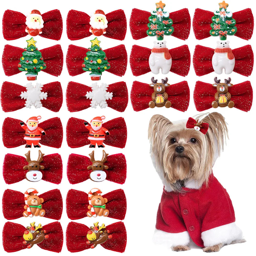 10/20-Pack Handmade Christmas Dog Bows – Metal Clip Hairpins for Dogs & Puppies