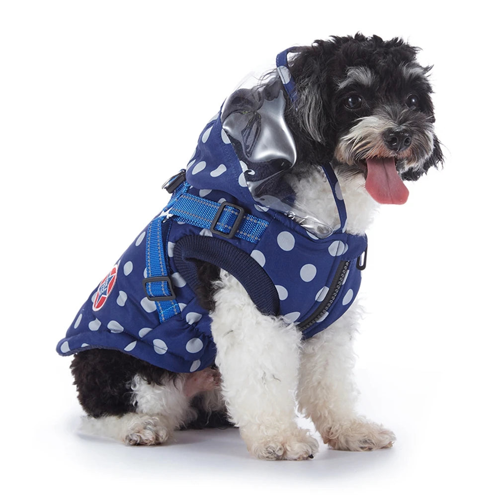 Winter Pet Dog Waterproof Coat with Harness – Warm Cotton Hooded Jacket for Small Dogs & Cats