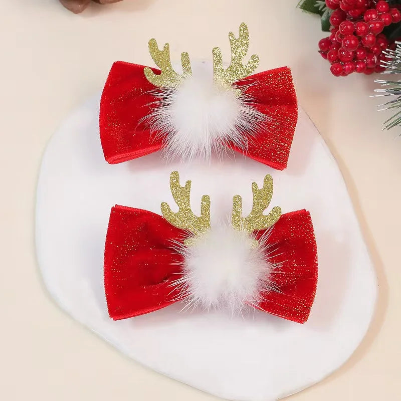 2-Pack Winter Dog & Cat Bows – Red Velvet Antler Hairpins with Metal Clips