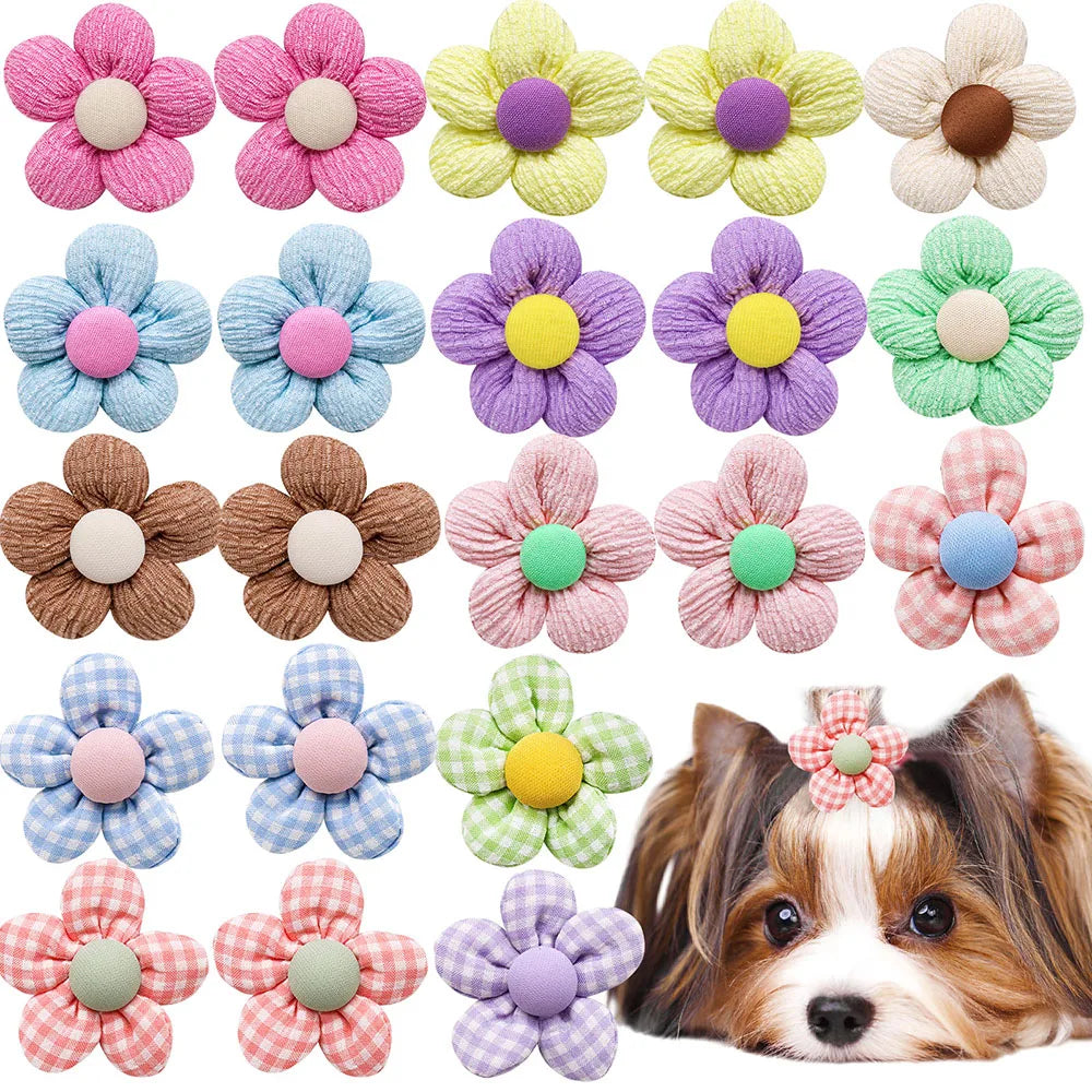 20PCS Flower Pet Hair Bows – Handmade Dog Bows with Rubber Bands for Small Dogs & Grooming Accessories
