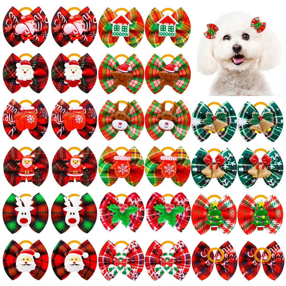 10/20/30-Pack Winter Puppy Bows – Handmade Plaid Dog Hair Accessories with Rubber Bands