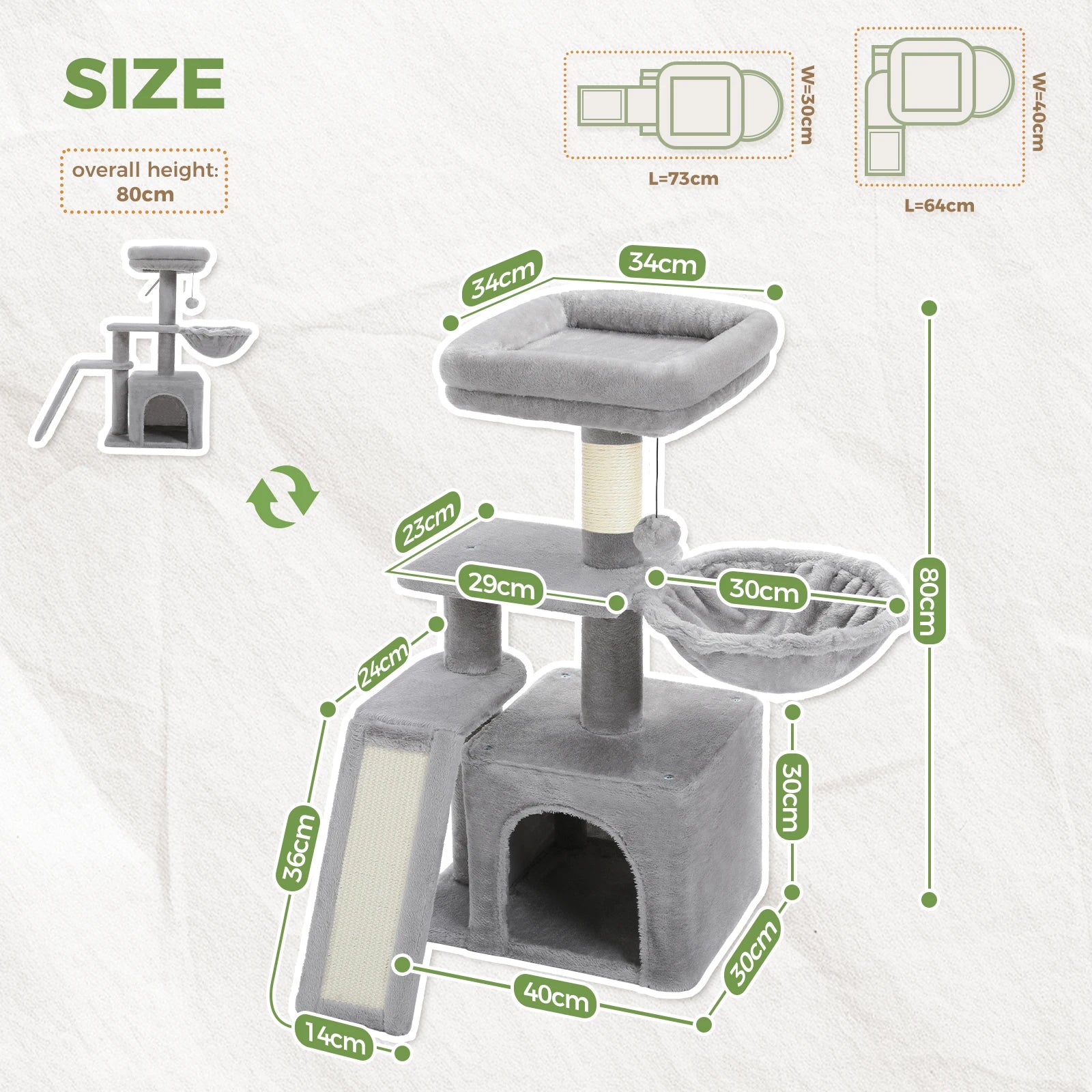 Cat Tree Tower for Indoor Cats – 2-Style Cat Activity Center with Scratching Posts, Large Hammock & Removable Top Perch, Grey