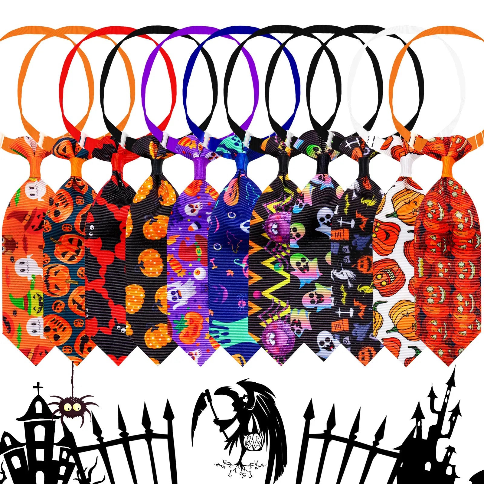 10PCS Adjustable Pet Bowties – Halloween Pumpkin Print Dog & Cat Neck Ties