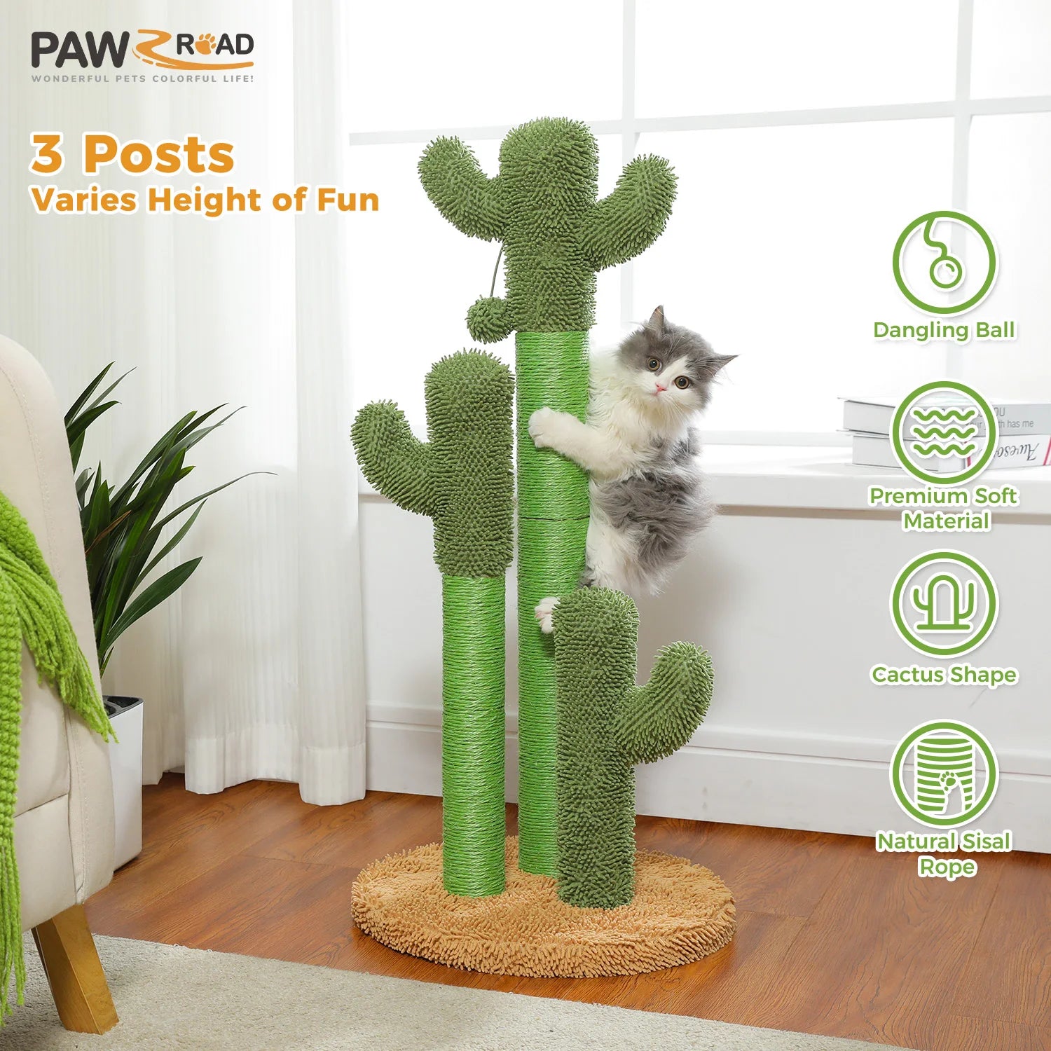 Cactus Cat Scratching Post – Tall Cat Scratcher for Indoor Cats with 3 Sisal Poles & Interactive Dangling Ball Toys