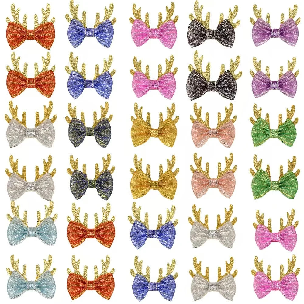 20/30/50-Pack Christmas Antler Dog Bows – Metal Clip Hairpins for Dogs & Cats