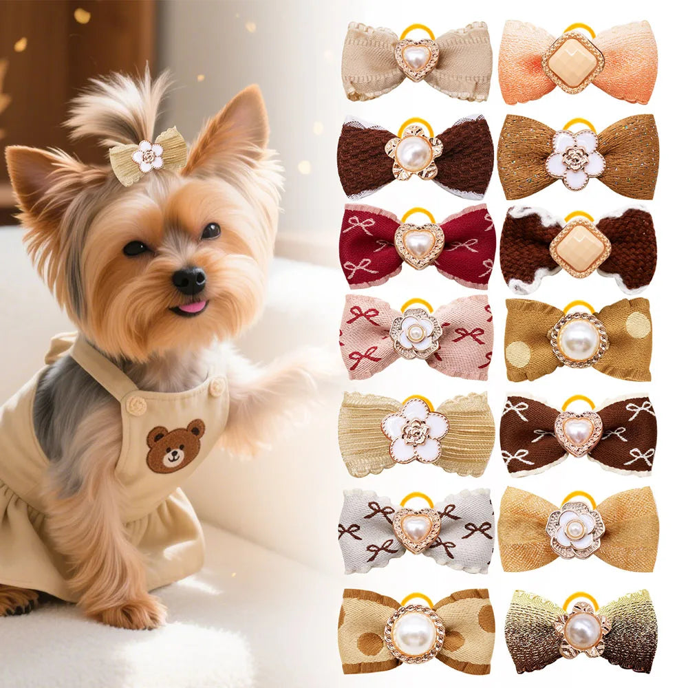20PCS Pearl Dog Bows with Rubber Bands – Winter Puppy Hair Accessories for Small Dogs