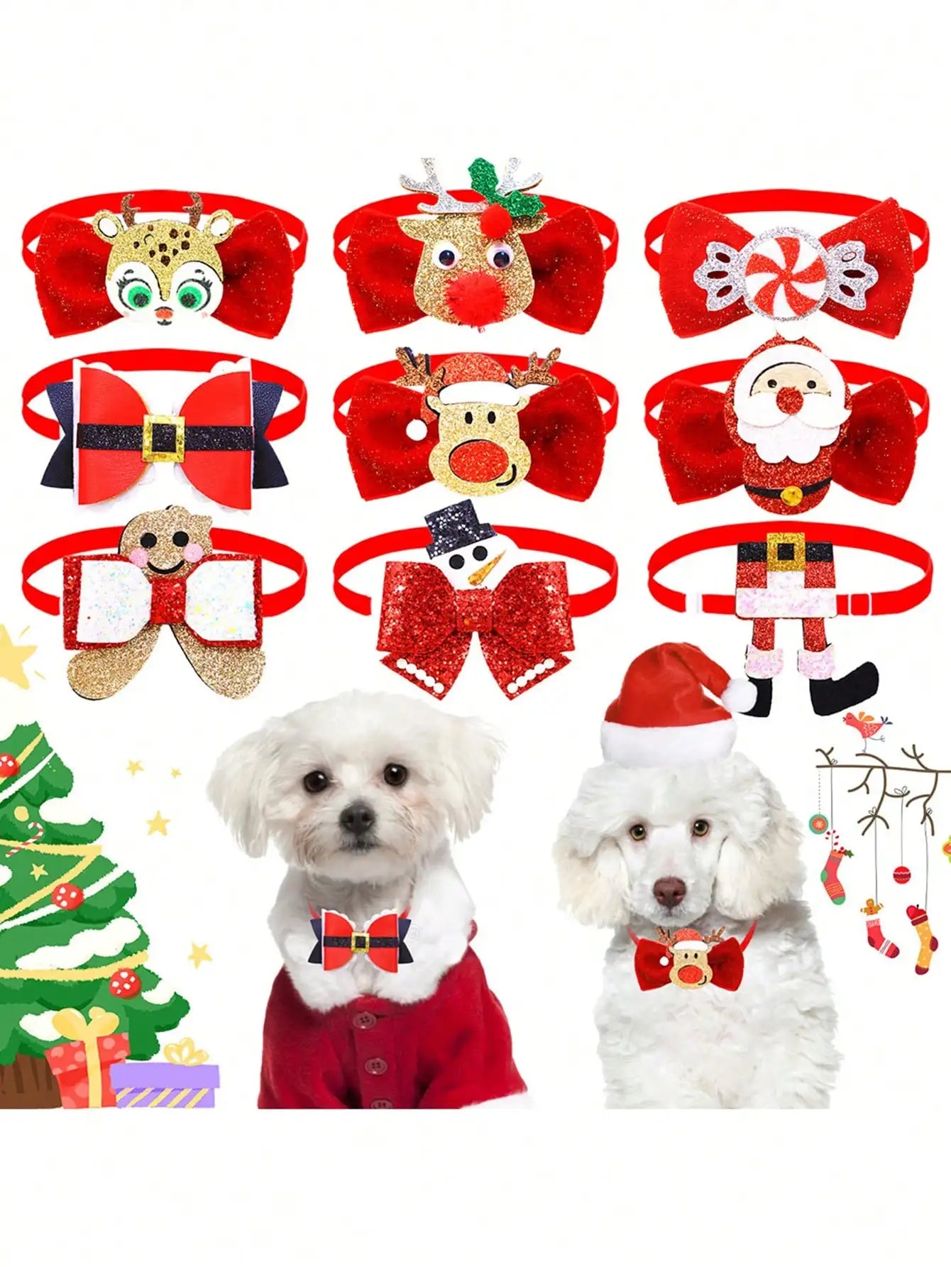 Christmas Pet Bow Tie – Red Mini Tie with Festive Elements for Dogs & Cats