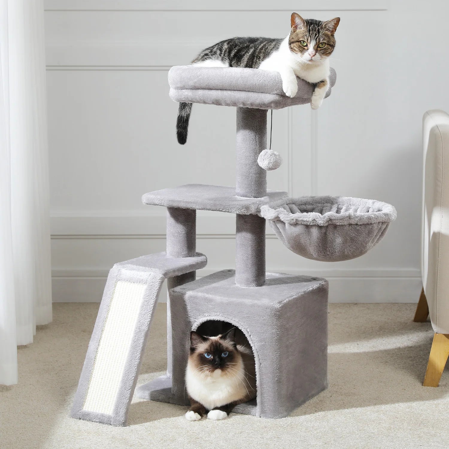 Cat Tree Tower for Indoor Cats – 2-Style Cat Activity Center with Scratching Posts, Large Hammock & Removable Top Perch, Grey