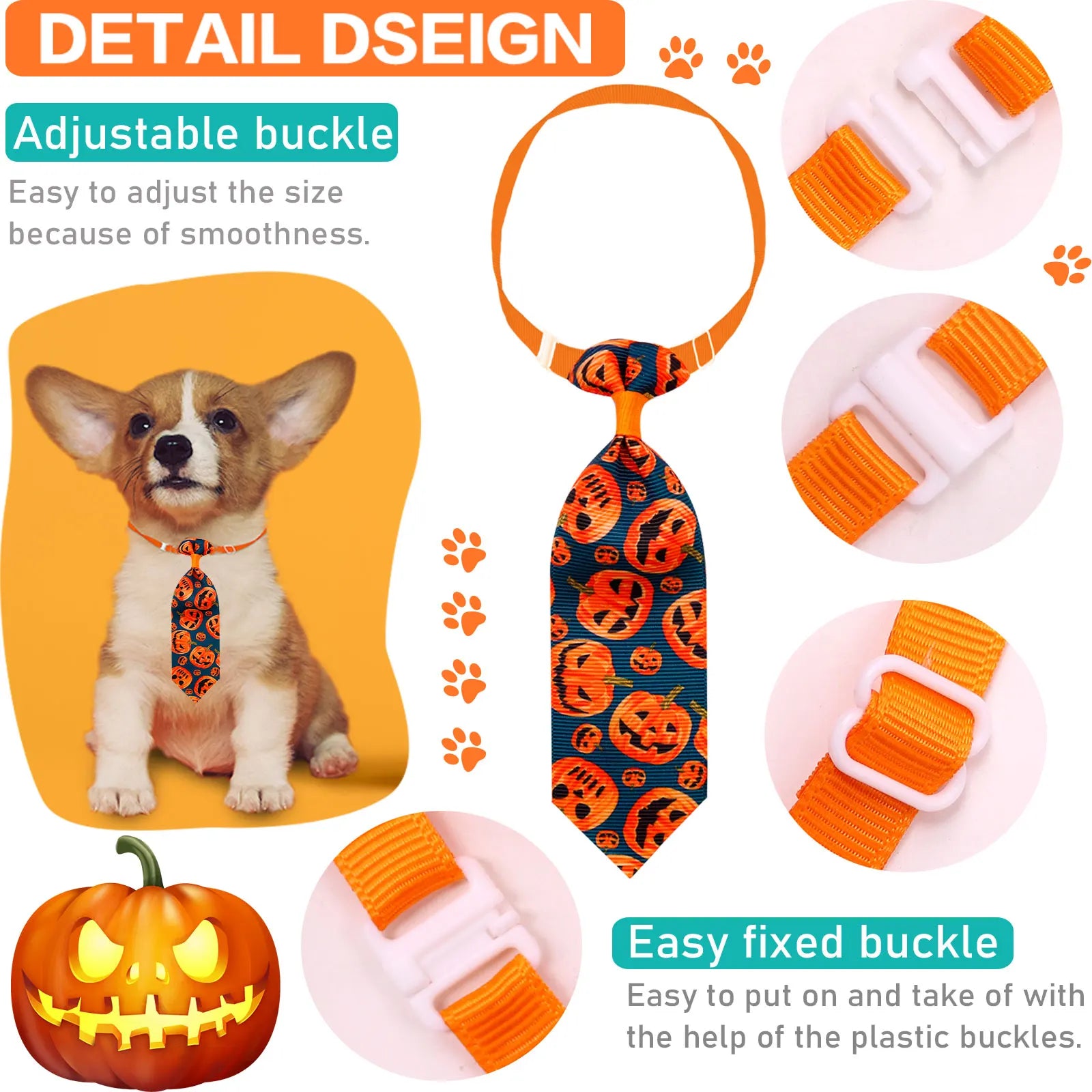 10PCS Adjustable Pet Bowties – Halloween Pumpkin Print Dog & Cat Neck Ties