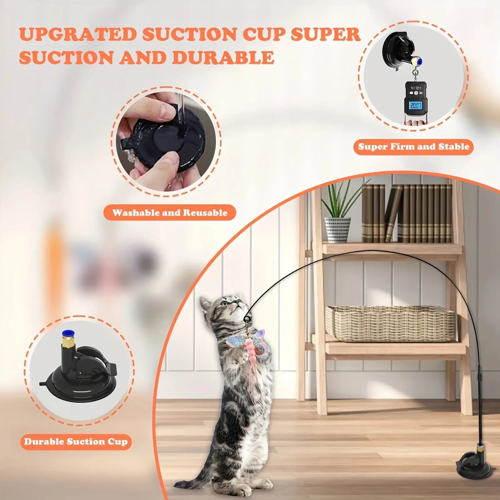 Cat Teaser Wand Toy with Feather & Bell – Suction Cup Pole