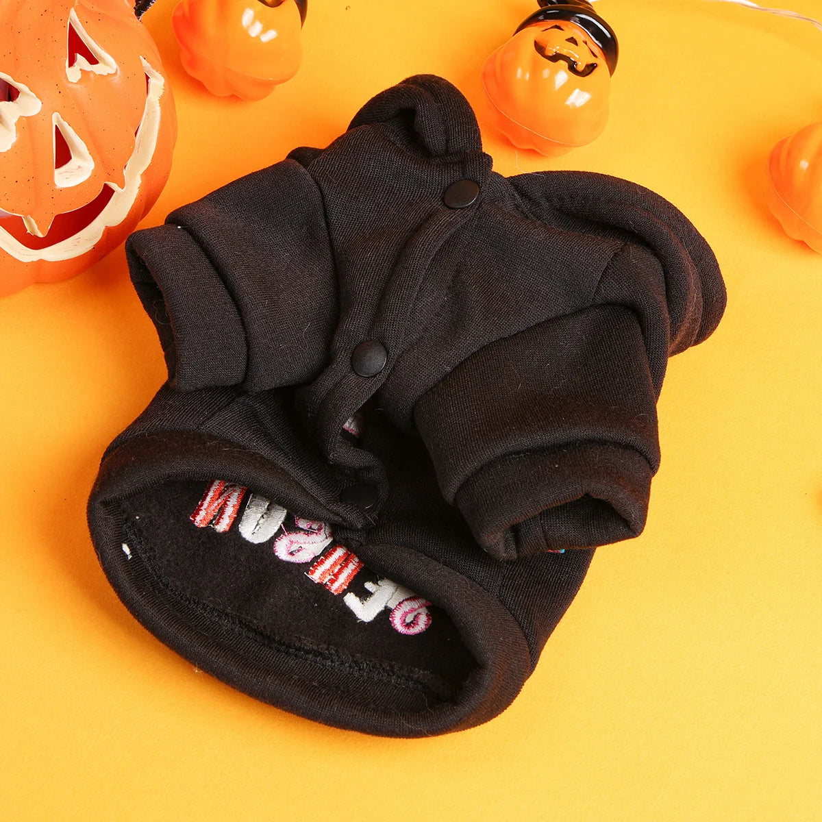 Thriller Season Halloween Pet Hoodie – Black Embroidered Dog & Cat Sweater with Buttons and Leash Hole