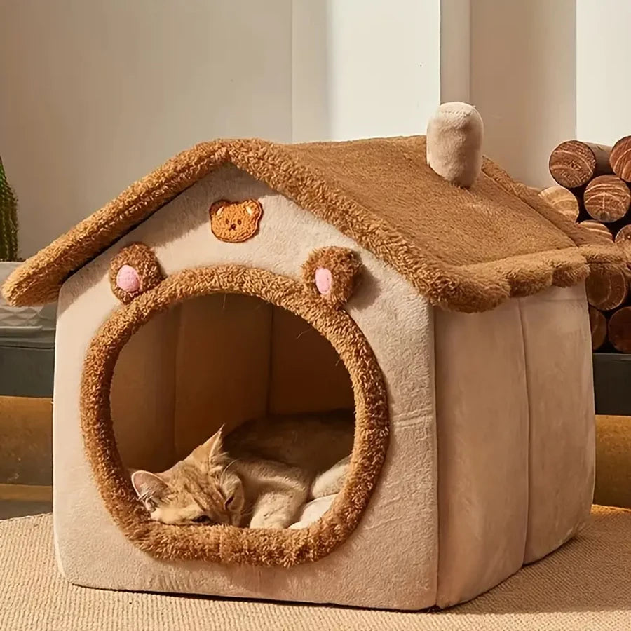 Foldable Cat & Dog House Bed with Removable Washable Cushion