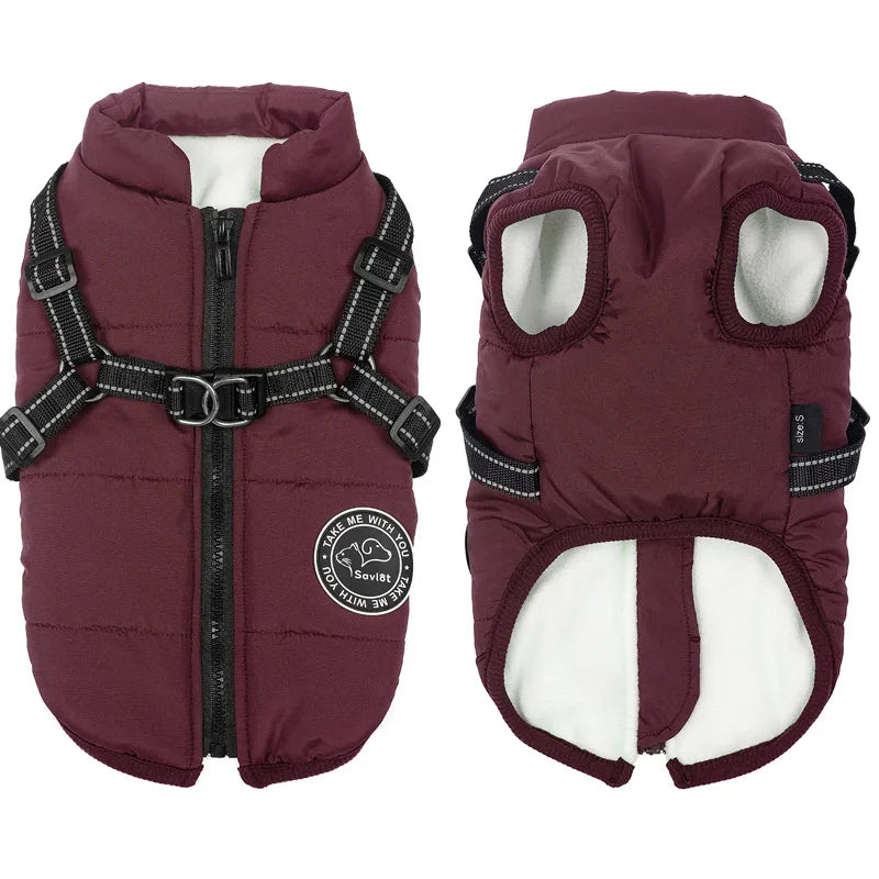 Winter Warm Dog Jacket – Waterproof Pet Coat with Harness, Fleece Vest for Small & Large Dogs