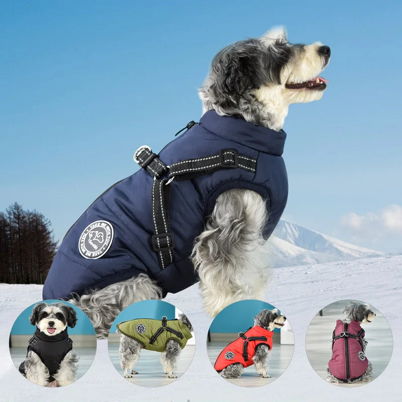 Winter Warm Dog Jacket – Waterproof Pet Coat with Harness, Fleece Vest for Small & Large Dogs