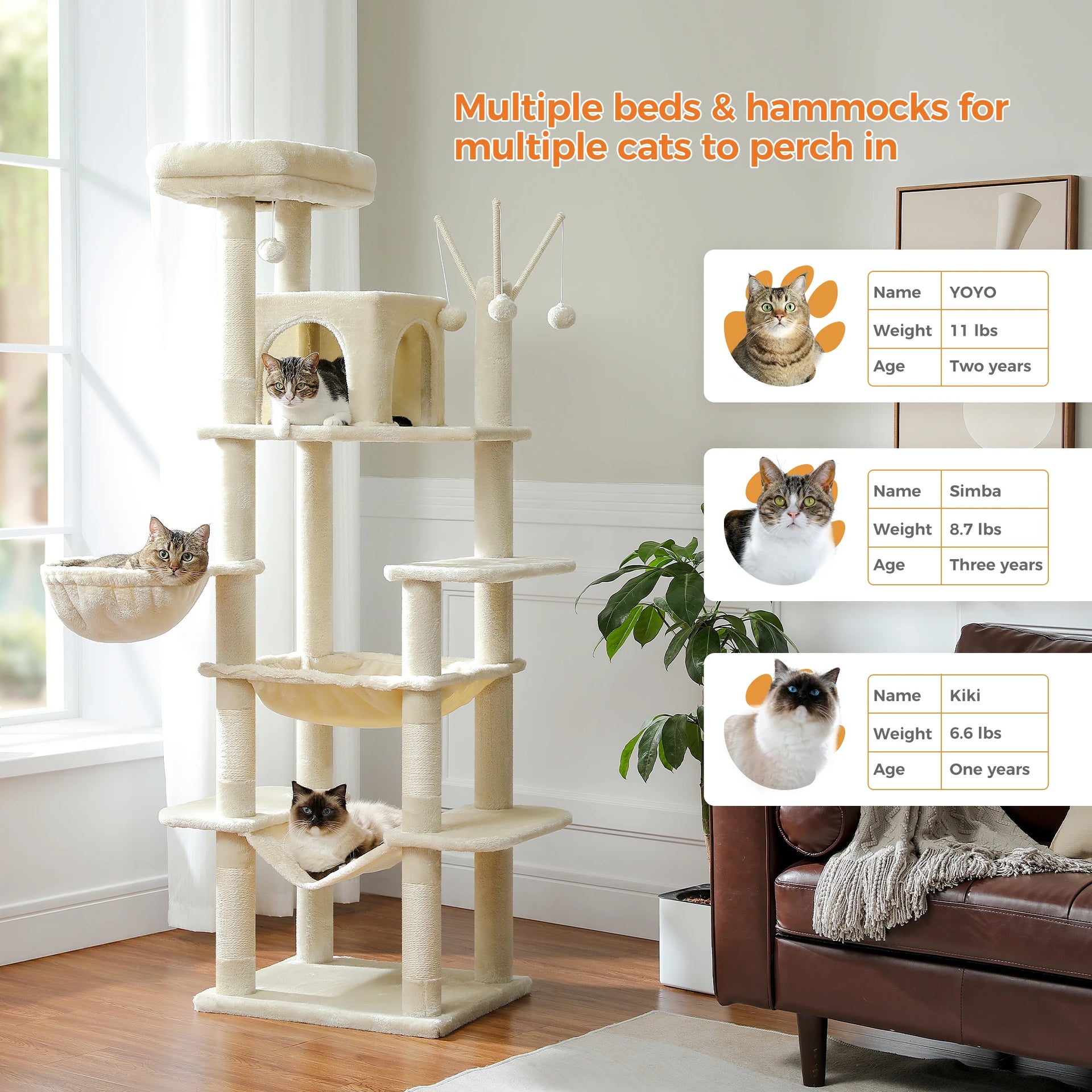 Multi-Level Cat Tree Tower for Indoor Cats – Modern Cat Furniture with Scratching Posts, Condo & Large Hammock