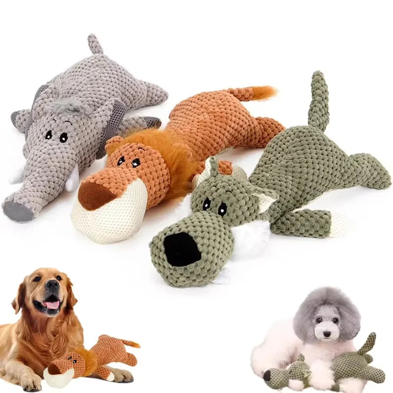 Bite-Resistant Squeaky Plush Dog Toy – Lion, Wolf & Elephant
