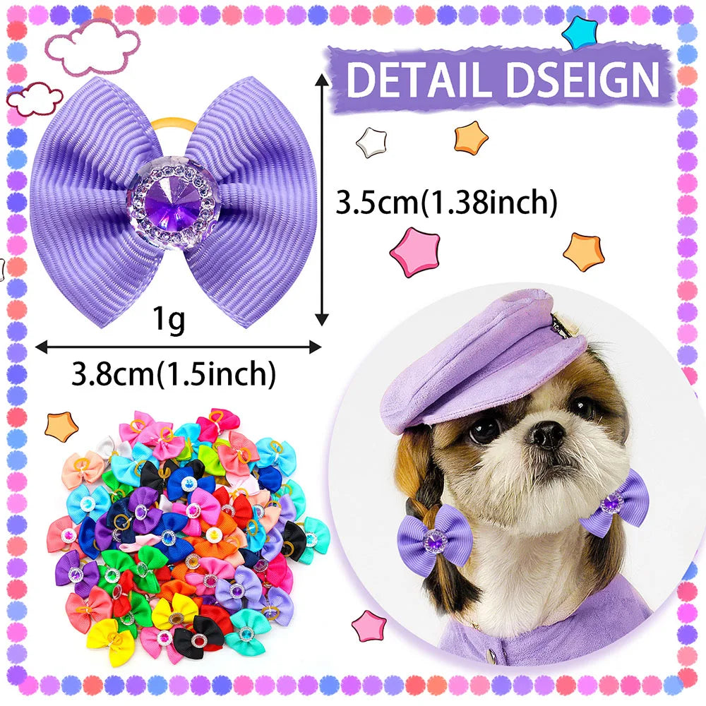 20PCS Dog Hair Bows with Diamond – Colorful Pet Grooming Accessories with Rubber Bands for Small Dogs & Puppies
