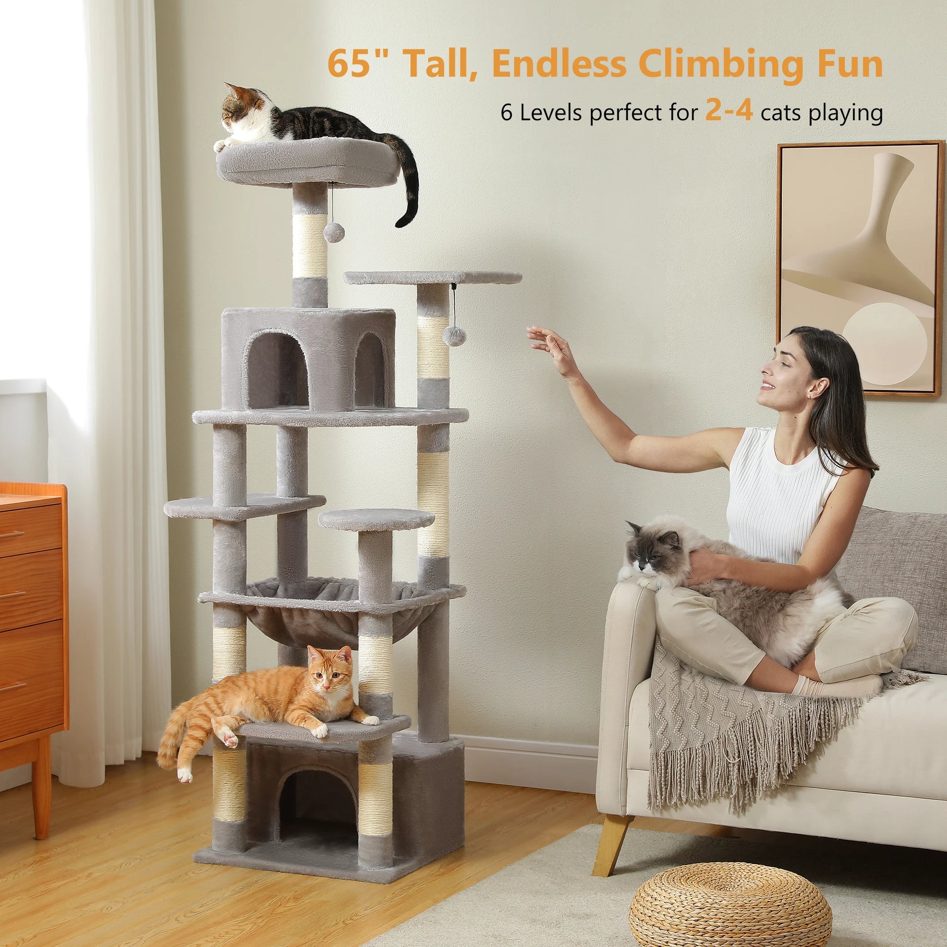 Large Cat Tree Tower for Indoor Cats – Multi-Level Cat Condo with Sisal Scratching Posts, Hammock, Padded Perches & Toys