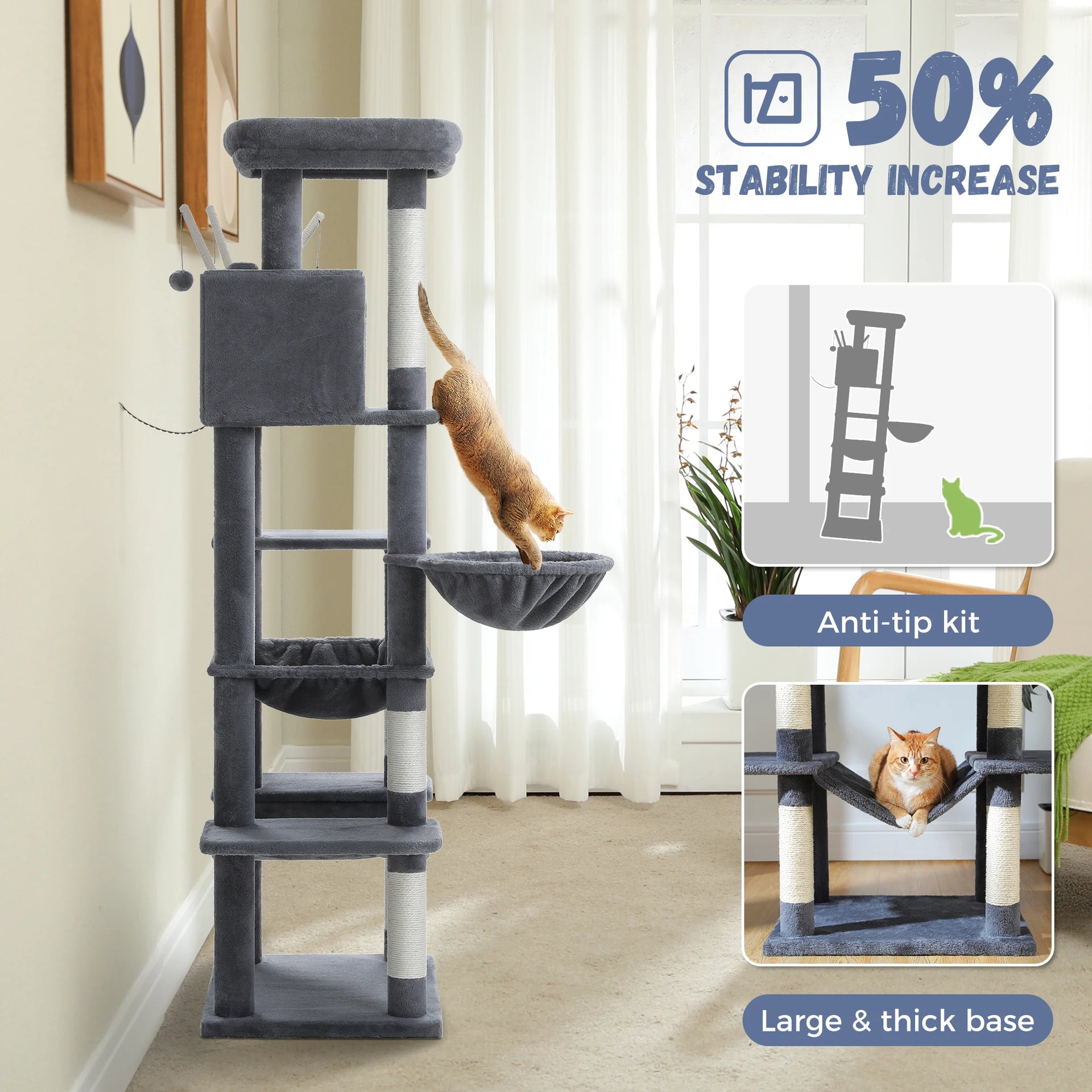 Multi-Level Cat Tree Tower for Indoor Cats – Modern Cat Furniture with Scratching Posts, Condo & Large Hammock