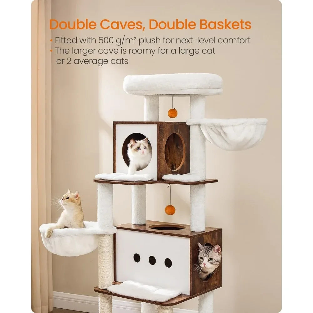 Tall Modern Cat Tree Tower for Large Indoor Cats – Multi-Level Cat Condo with 2 Caves, 2 Hammocks & 4 Sisal Scratching Posts