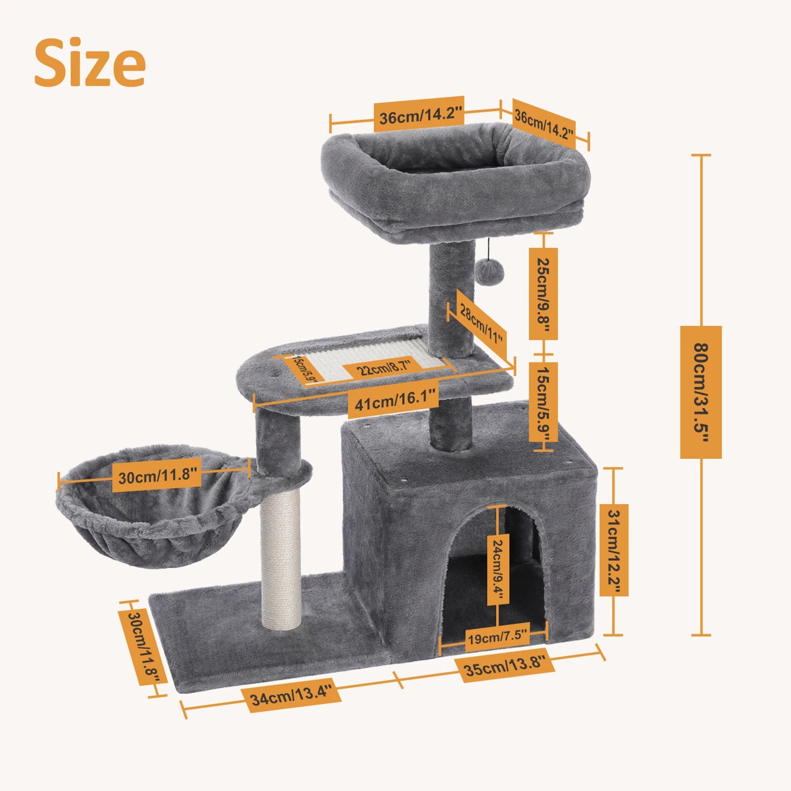 Cat Tree Tower for Indoor Cats – 2-Style Cat Activity Center with Scratching Posts, Large Hammock & Removable Top Perch, Grey