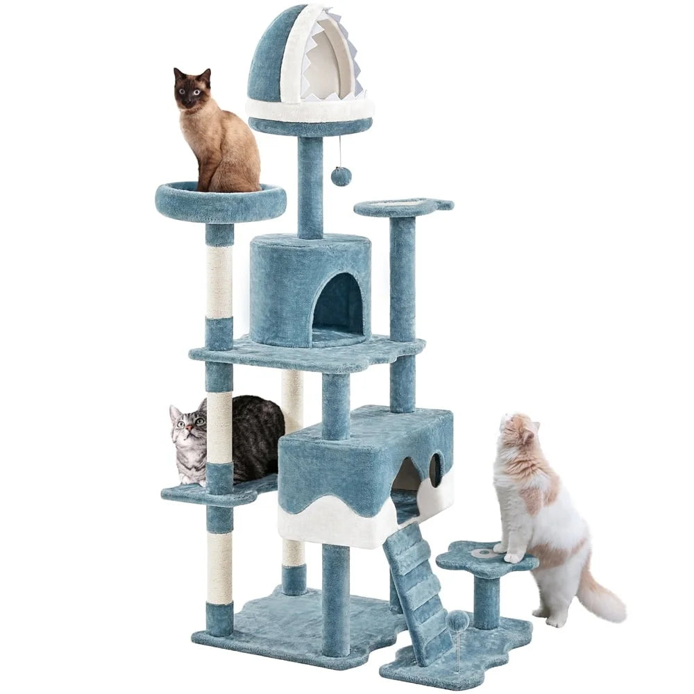 Ocean-Themed Cat Tree Tower – 72.5" Multi-Level Cat Furniture with Shark Mouth Bed, Fish-Shaped Perch & Plush Fabric for Large Cats