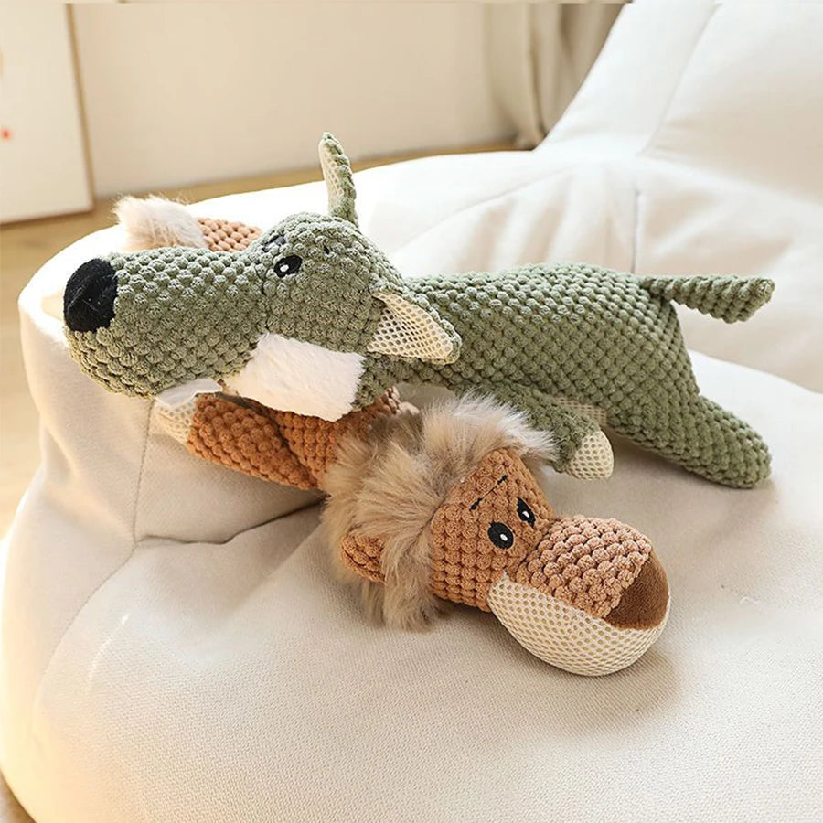 Bite-Resistant Squeaky Plush Dog Toy – Lion, Wolf & Elephant