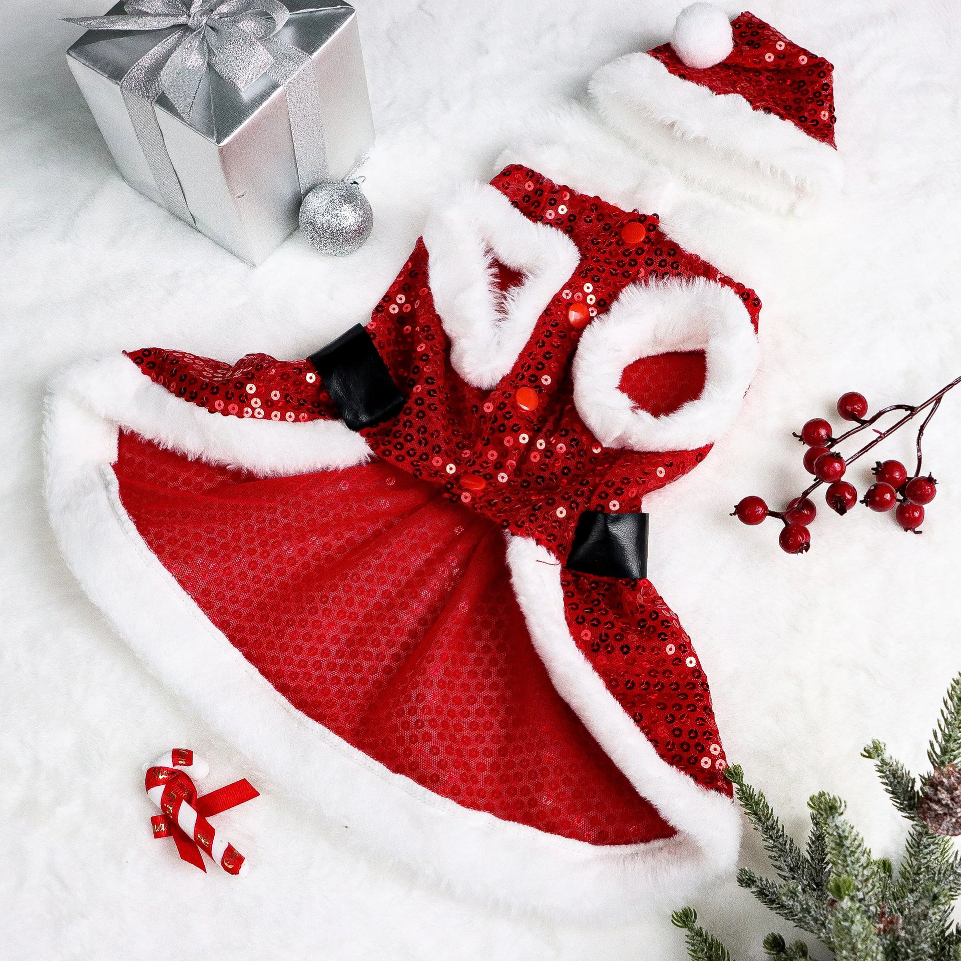 Set of 2 Christmas Pet Dresses – Velvet & Sequin Holiday Outfits for Dogs & Cats