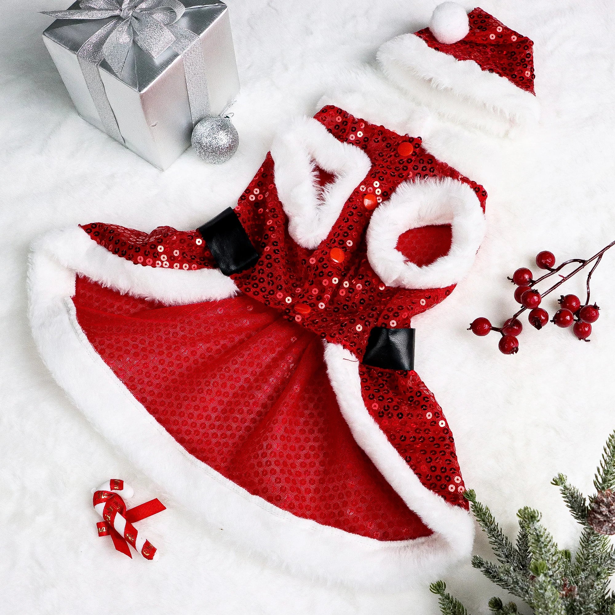 Set of 2 Christmas Pet Dresses – Velvet & Sequin Holiday Outfits for Dogs & Cats