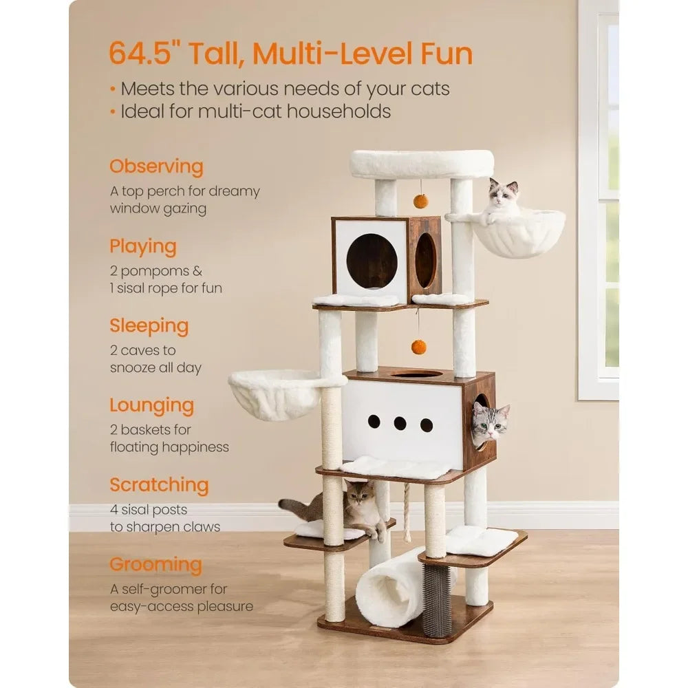 Tall Modern Cat Tree Tower for Large Indoor Cats – Multi-Level Cat Condo with 2 Caves, 2 Hammocks & 4 Sisal Scratching Posts