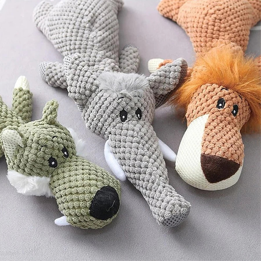 Bite-Resistant Squeaky Plush Dog Toy – Lion, Wolf & Elephant