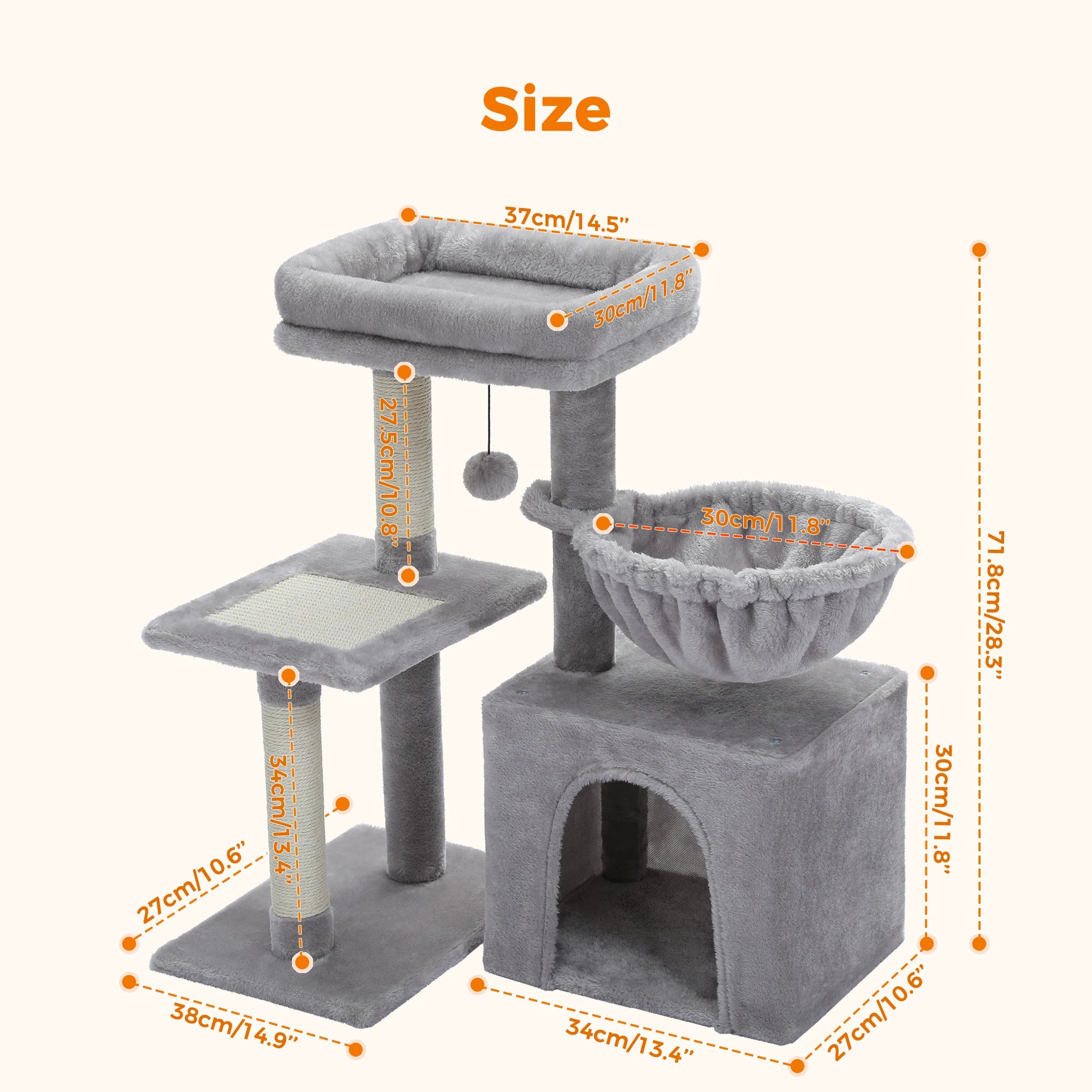 Cat Tree Tower for Indoor Cats – 2-Style Cat Activity Center with Scratching Posts, Large Hammock & Removable Top Perch, Grey