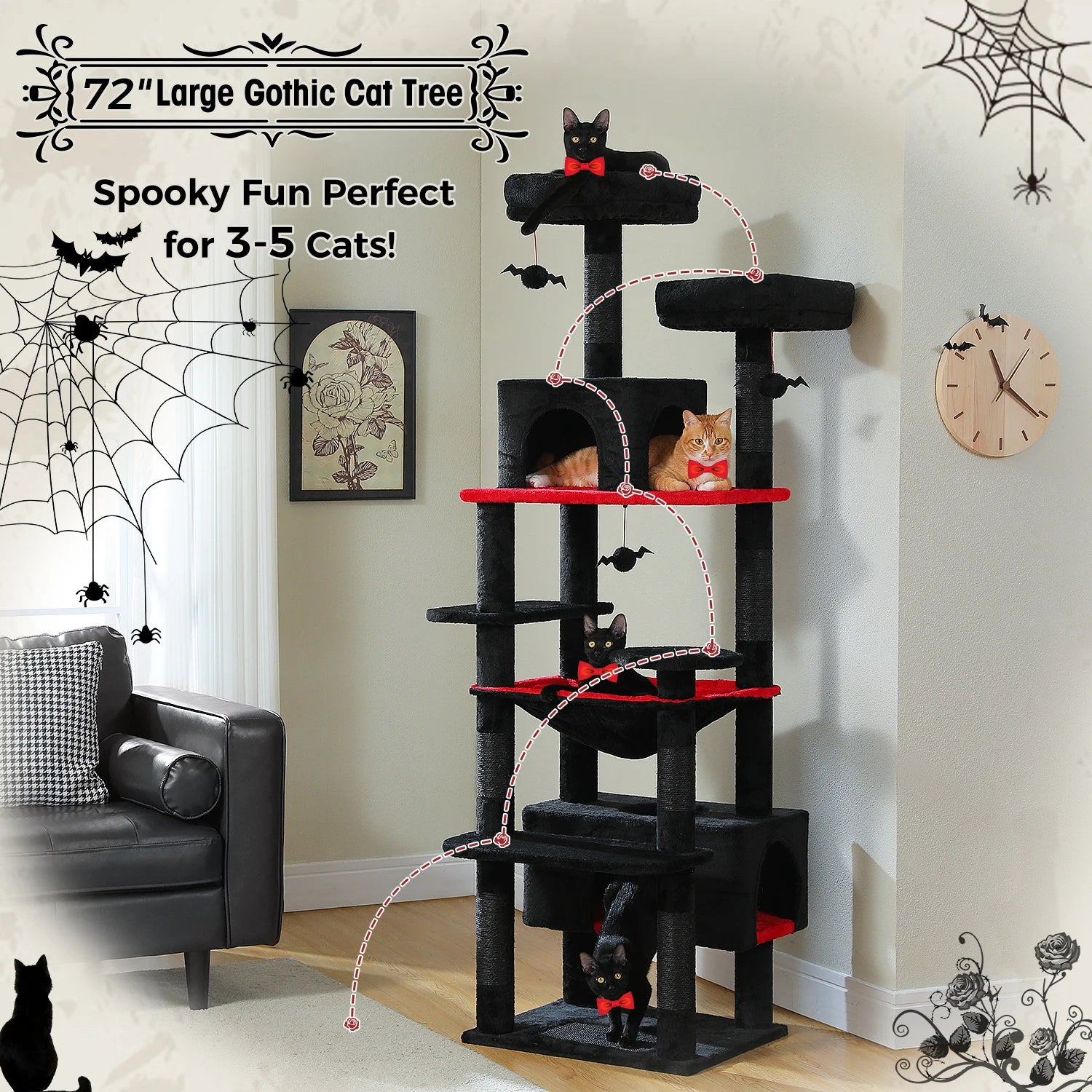 Large Cat Tree Tower for Indoor Cats – Multi-Level Cat Condo with Sisal Scratching Posts, Hammock, Padded Perches & Toys