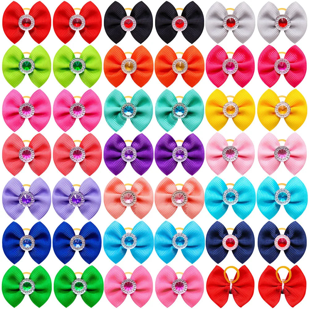 20PCS Dog Hair Bows with Diamond – Colorful Pet Grooming Accessories with Rubber Bands for Small Dogs & Puppies