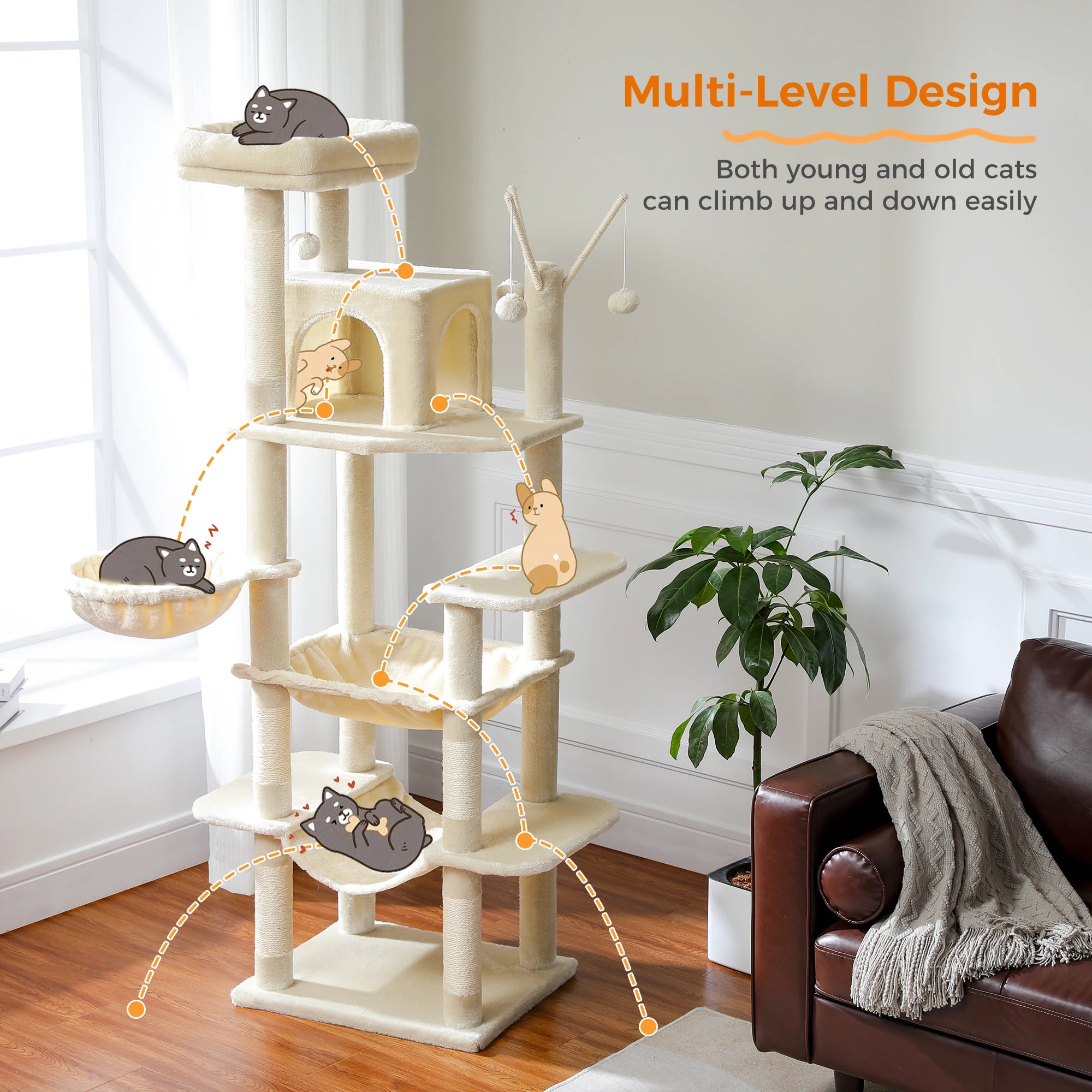 Multi-Level Cat Tree Tower for Indoor Cats – Modern Cat Furniture with Scratching Posts, Condo & Large Hammock