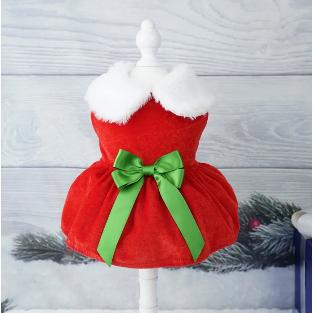 Red Christmas Bow Dress – Warm Santa-Style Holiday Outfit for Dogs & Cats