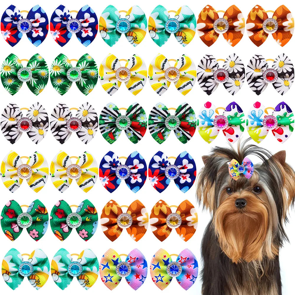 20PCS Dog Hair Bows with Diamond – Colorful Pet Grooming Accessories with Rubber Bands for Small Dogs & Puppies