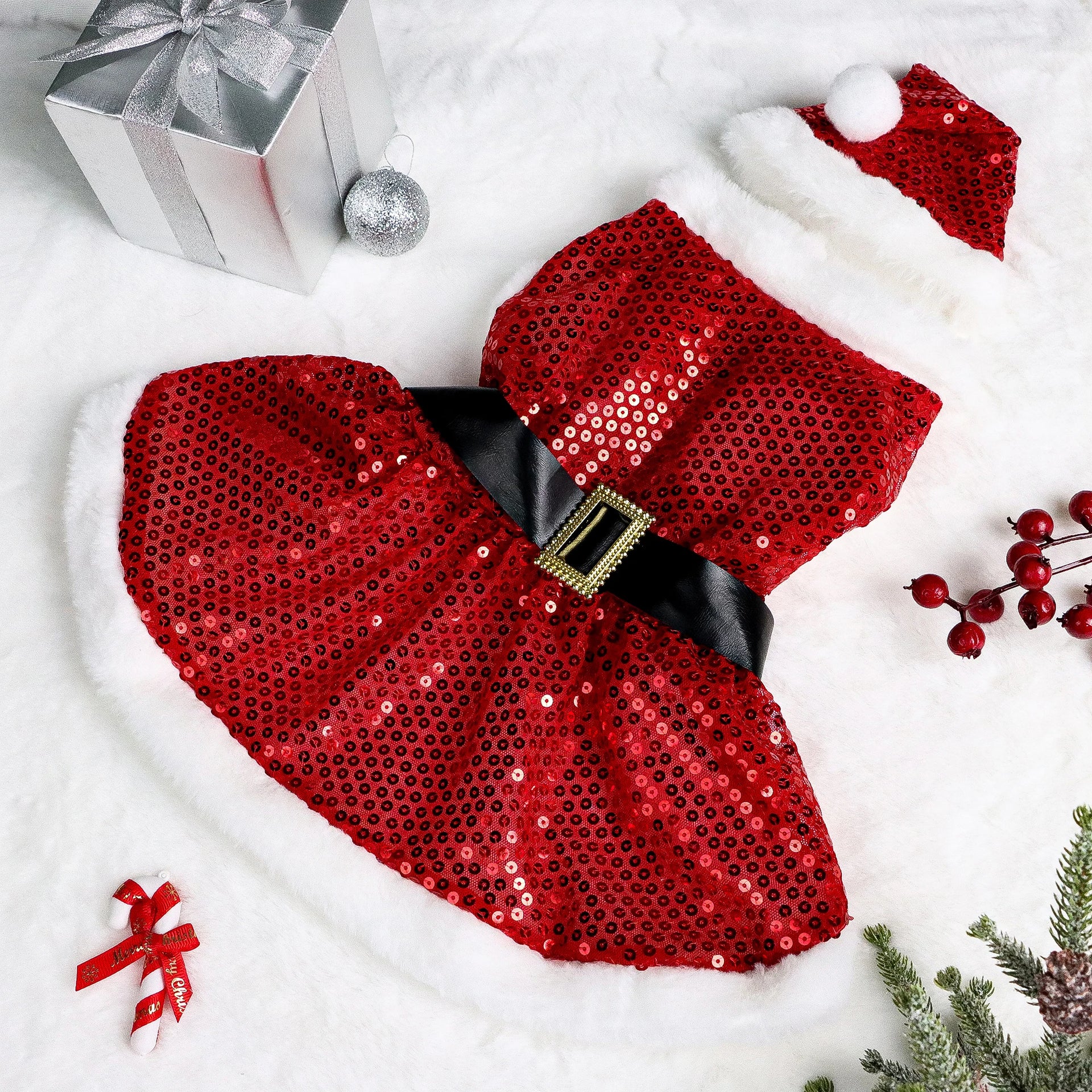 Set of 2 Christmas Pet Dresses – Velvet & Sequin Holiday Outfits for Dogs & Cats