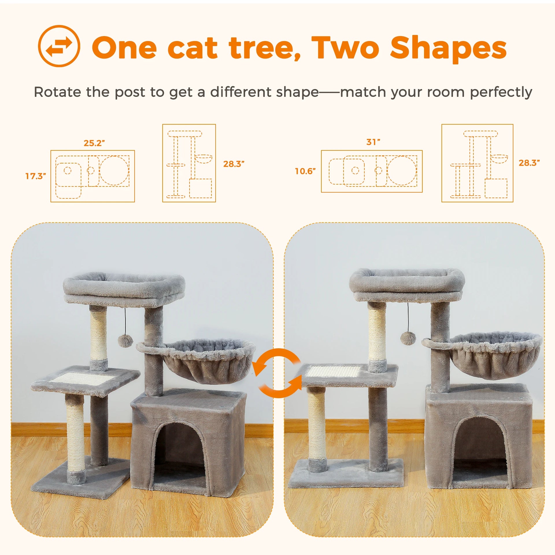 Cat Tree Tower for Indoor Cats – 2-Style Cat Activity Center with Scratching Posts, Large Hammock & Removable Top Perch, Grey