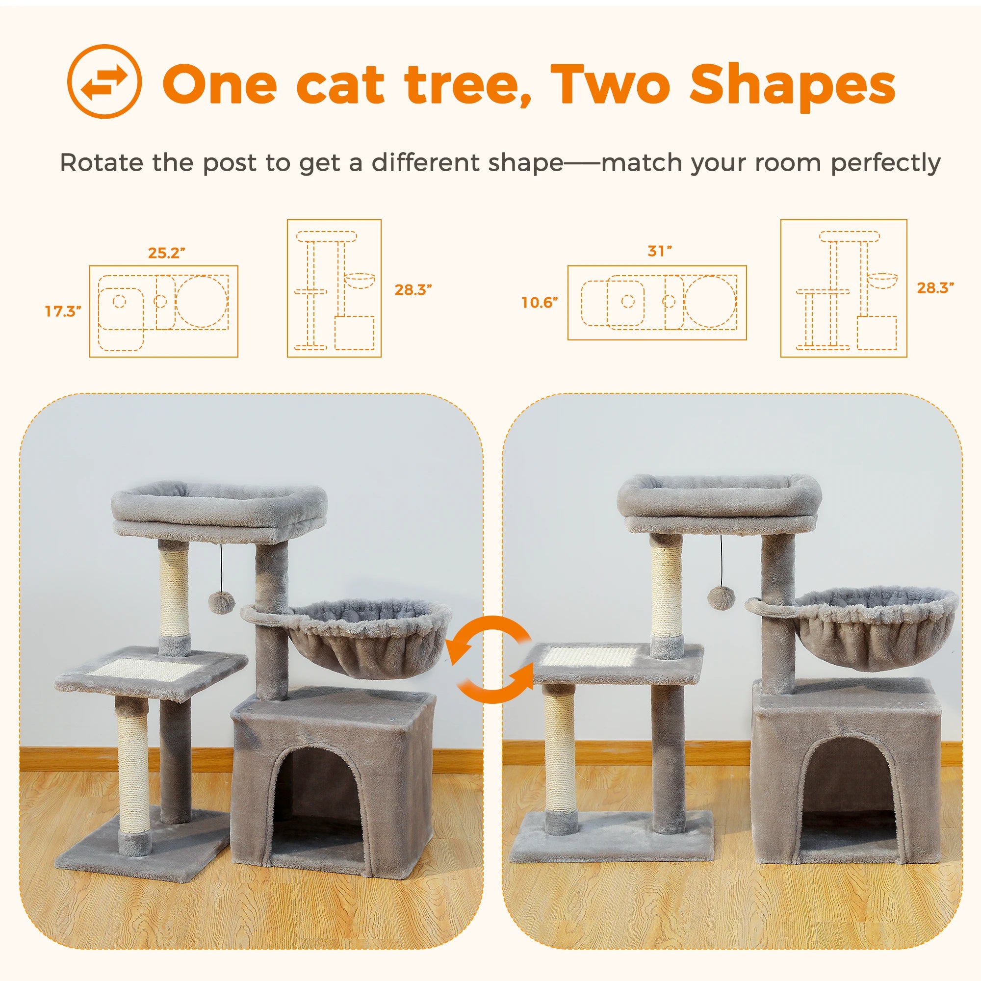 Cat Tree Tower for Indoor Cats – 2-Style Cat Activity Center with Scratching Posts, Large Hammock & Removable Top Perch, Grey