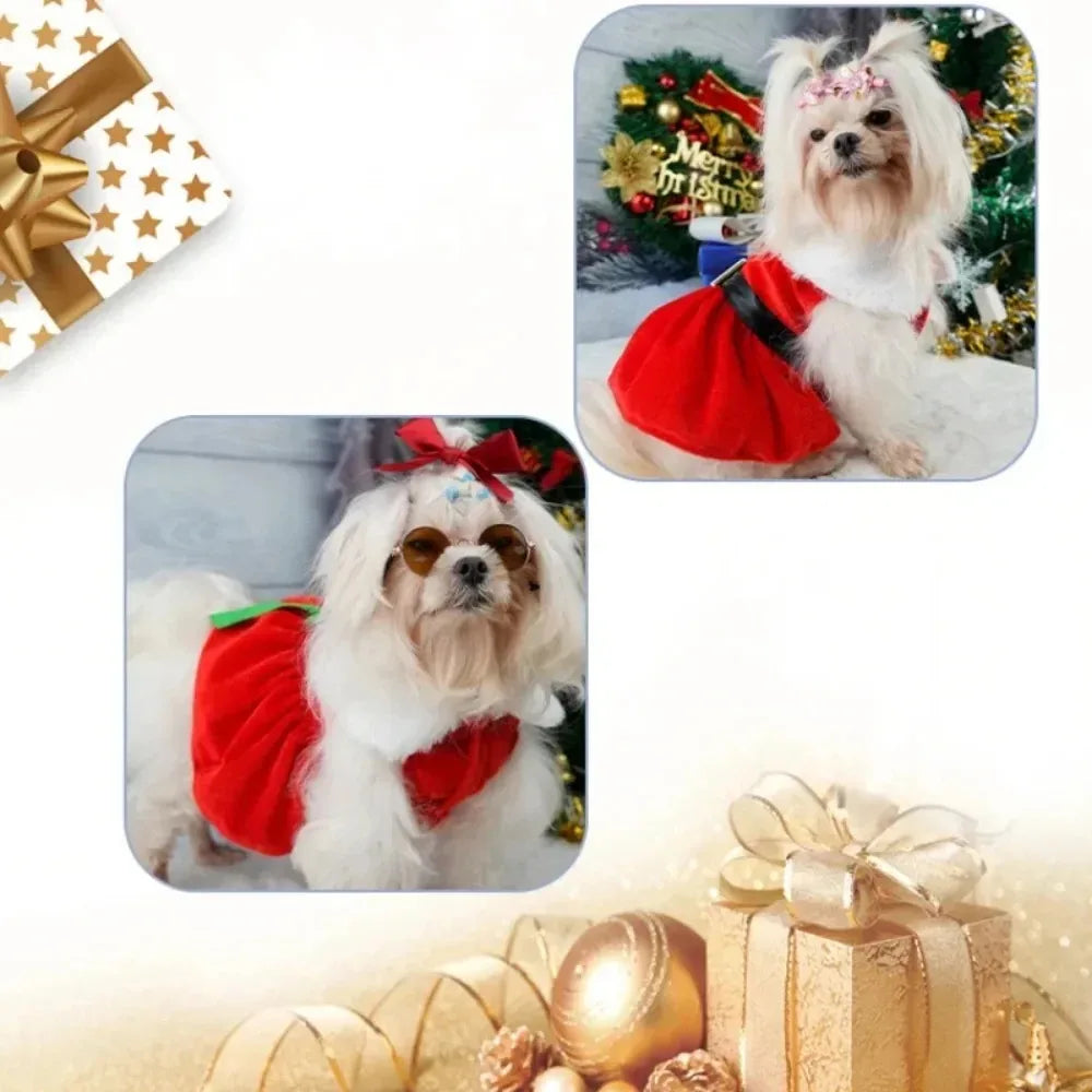 Red Christmas Bow Dress – Warm Santa-Style Holiday Outfit for Dogs & Cats