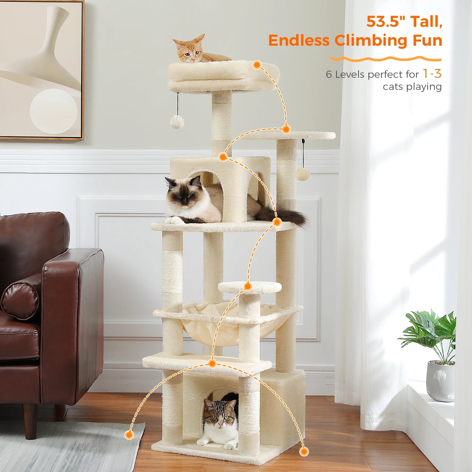 Large Cat Tree Tower for Indoor Cats – Multi-Level Cat Condo with Sisal Scratching Posts, Hammock, Padded Perches & Toys