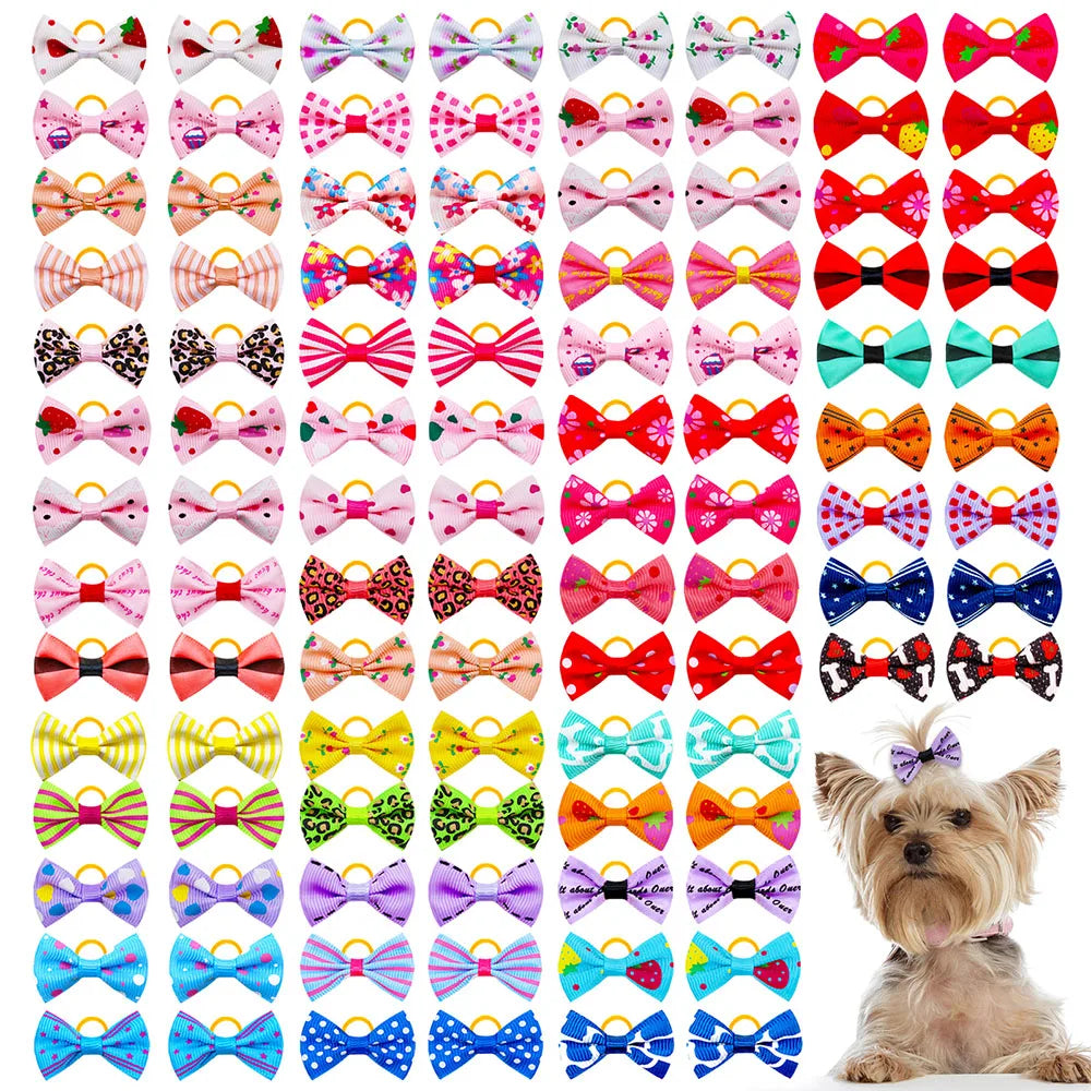 100PCS Dog Hair Bows – Mixed Colors Puppy Bows with Rubber Bands, Handmade Pet Grooming Accessories