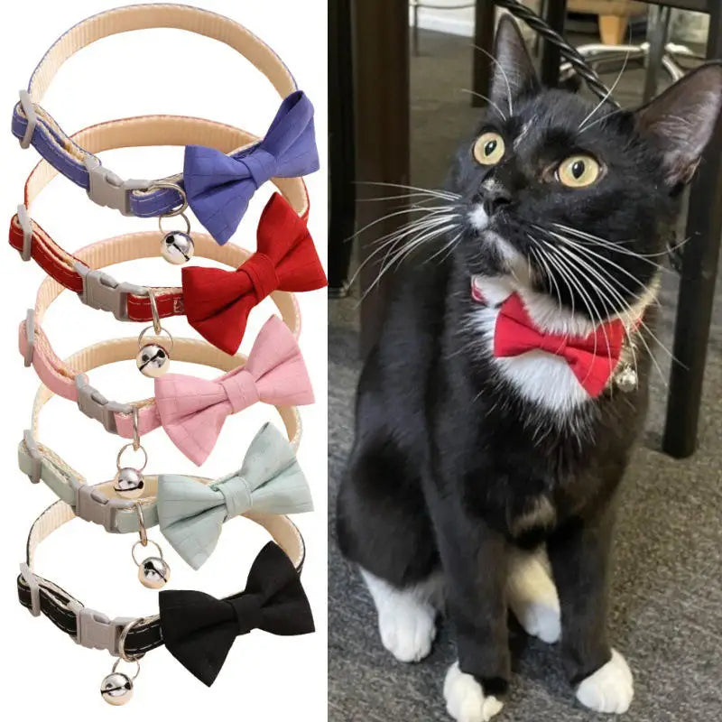 Adjustable Bow Collar with Bell – Solid Color for Puppies & Cats