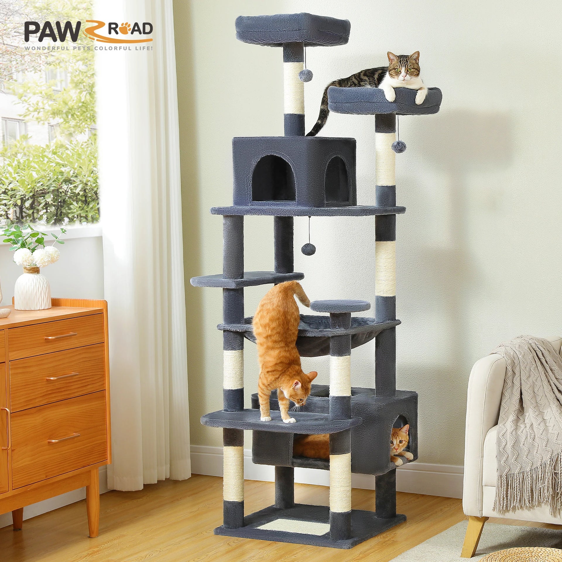 Large Cat Tree Tower for Indoor Cats – Multi-Level Cat Condo with Sisal Scratching Posts, Hammock, Padded Perches & Toys