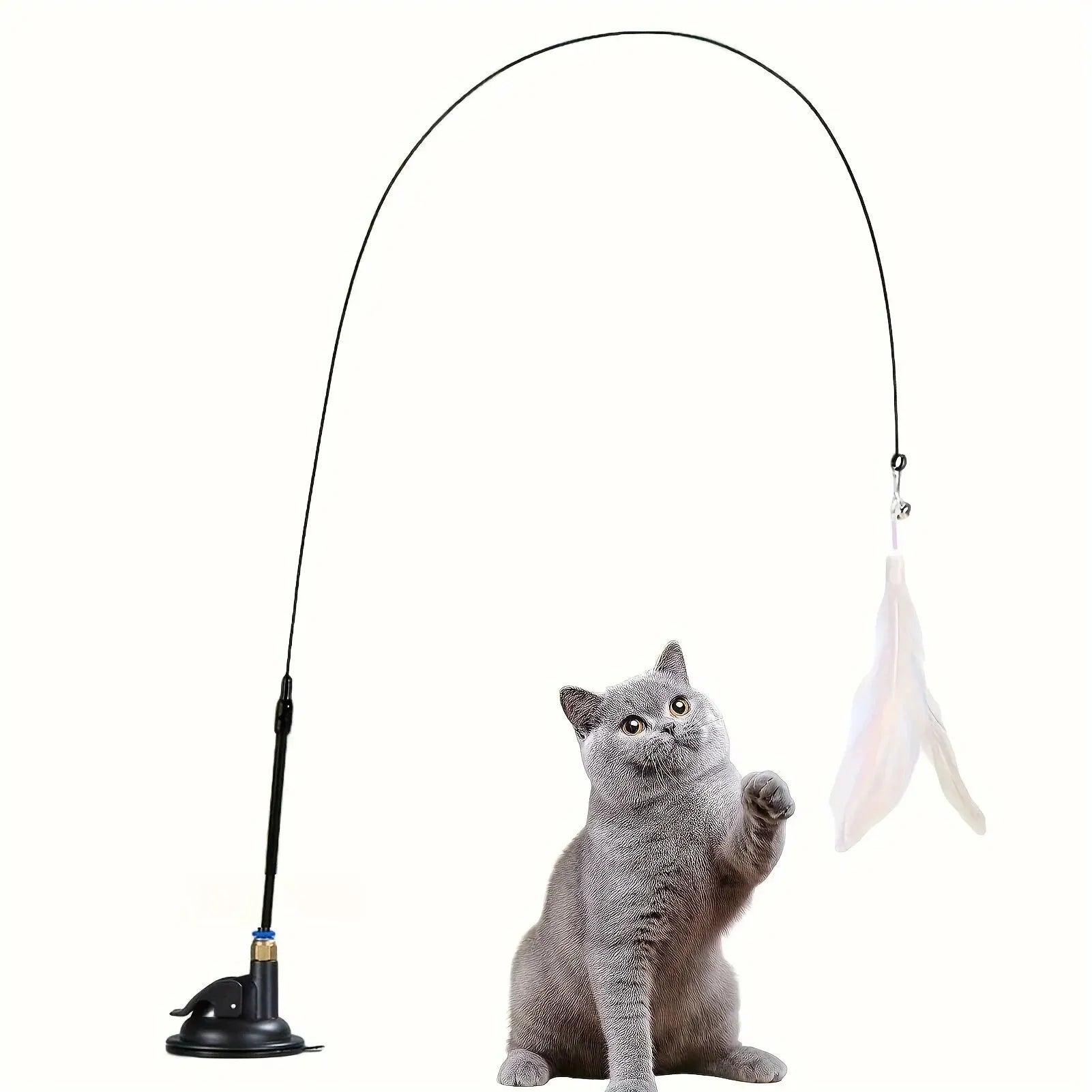 Cat Teaser Wand Toy with Feather & Bell – Suction Cup Pole