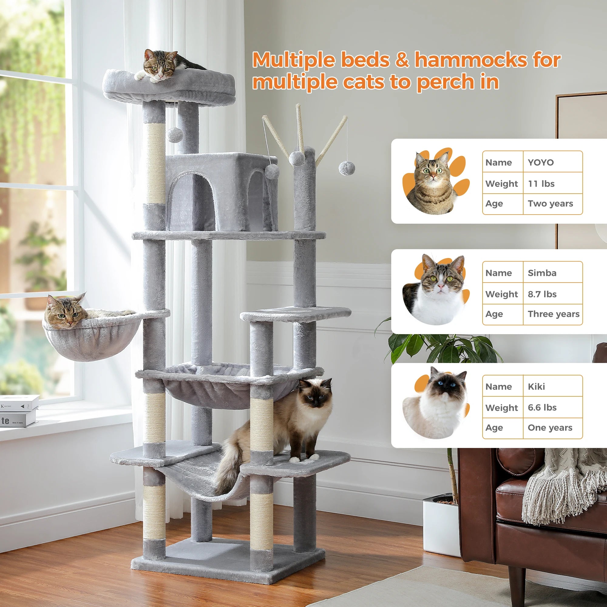 Multi-Level Cat Tree Tower for Indoor Cats – Modern Cat Furniture with Scratching Posts, Condo & Large Hammock